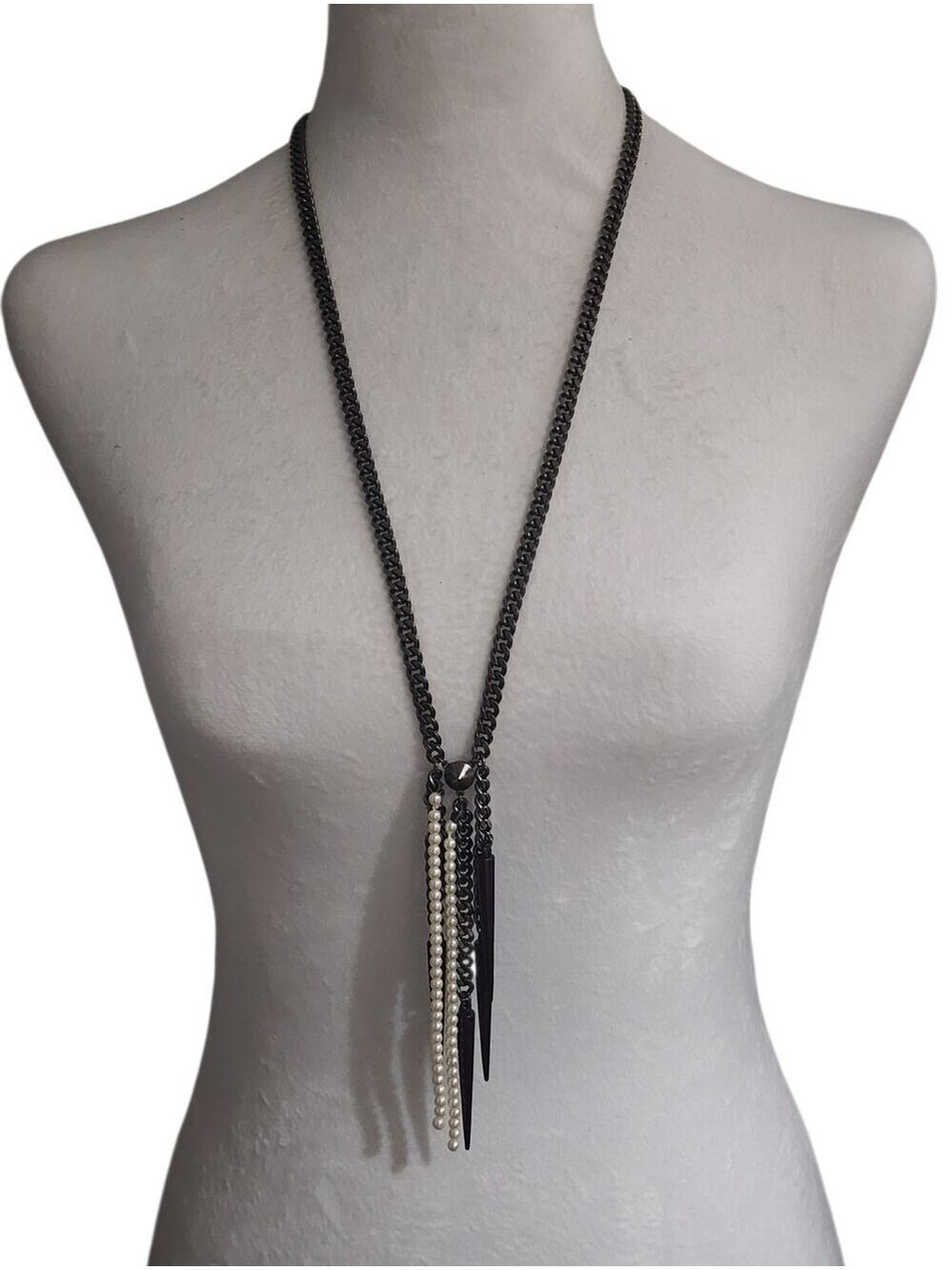 Rock & Republic Gunmetal Chain Necklace Pearl Purple Spike Tassels